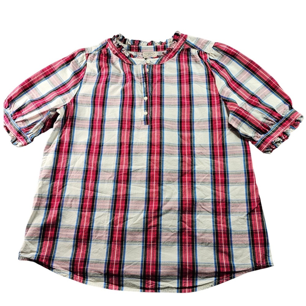 St. John's‎ Bay Peasant Blouse Top Women's M Multi Plaid Puff Sleeve 1/4 Button